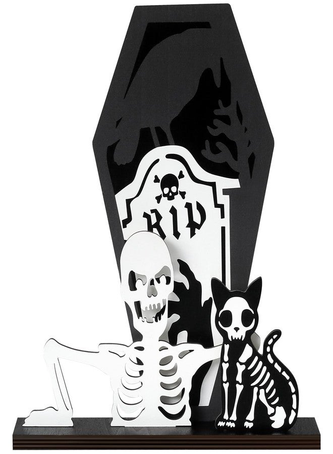 PARTYLOUD Halloween Decorations Indoor, Wooden Black Cat Skeletons Halloween Centerpieces for Tables, Table Decor for Home Bedroom Office - Image 1